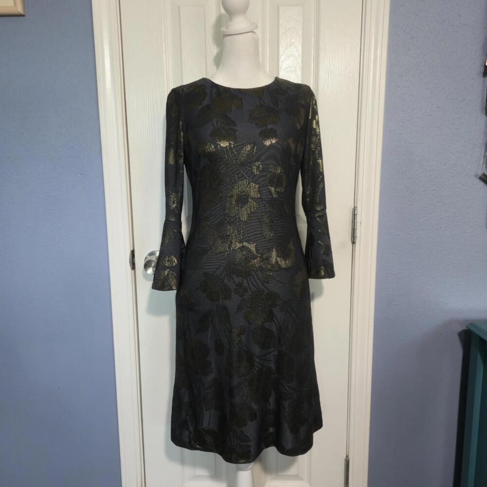 NWOT Tommy Hilfiger Poppy Jacquard Dress Gold & Gray Metallic Floral Print Fall
